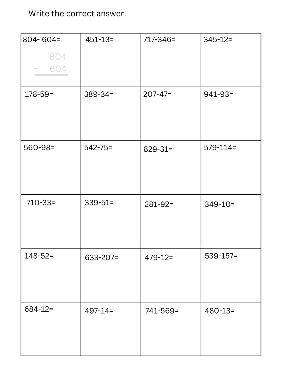 Horizontal three-digit subtraction: students set up and solve 24 problems such as 717-346, 633-207 and 741-569