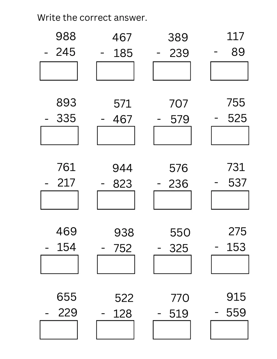 Three-digit minus three-digit subtraction: students find differences for 20 problems such as 988-245, 707-579 and 915-559