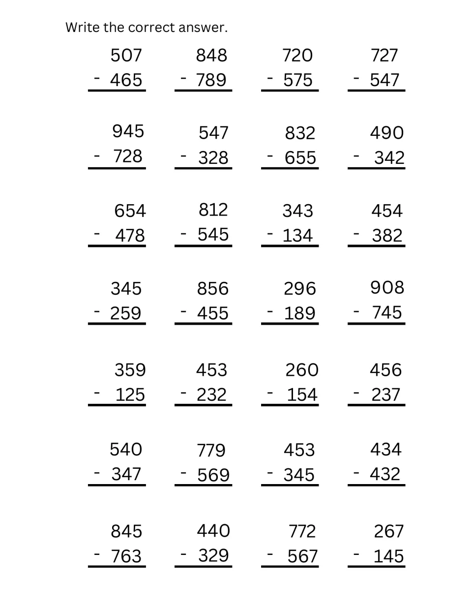 Three-digit subtraction with regrouping: students solve 28 vertical problems such as 507-465, 848-789 and 845-763
