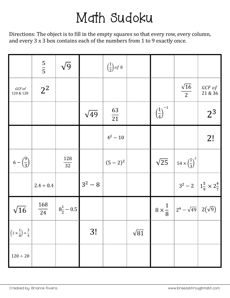 Math Sudoku puzzle: students simplify expressions like √49, 2², 3! and GCF of 21 & 36 to get digits, then solve the sudoku