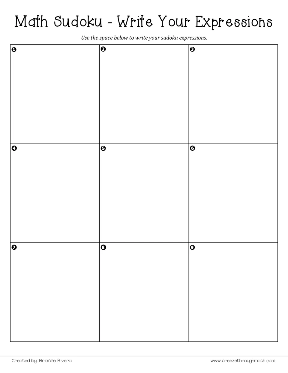 Write your expressions planner: students draft expressions equal to each number 1 through 9 before copying to the board