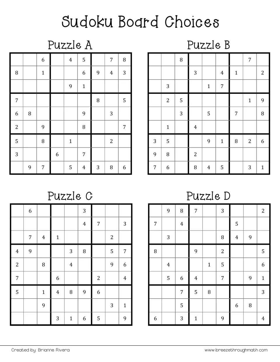 Sudoku board choices: four starter puzzles, A to D, for students to pick as the template for their own expression puzzle