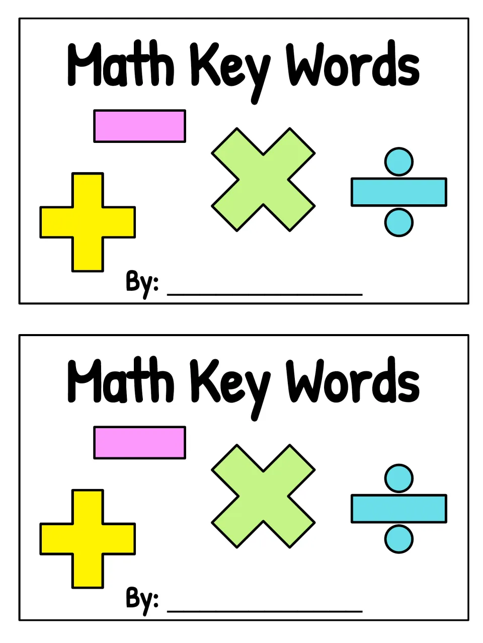 Math Key Words booklet cover in colour with plus, minus, times and division signs and a By: line for the student's name
