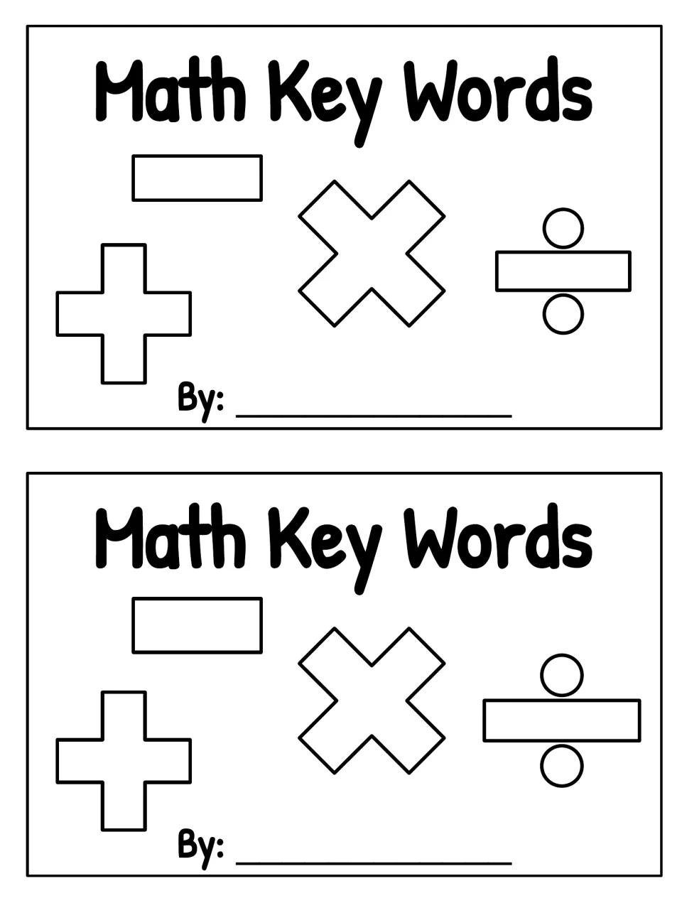 Math Key Words booklet cover in black and white with outlined operation signs for students to colour and a name line