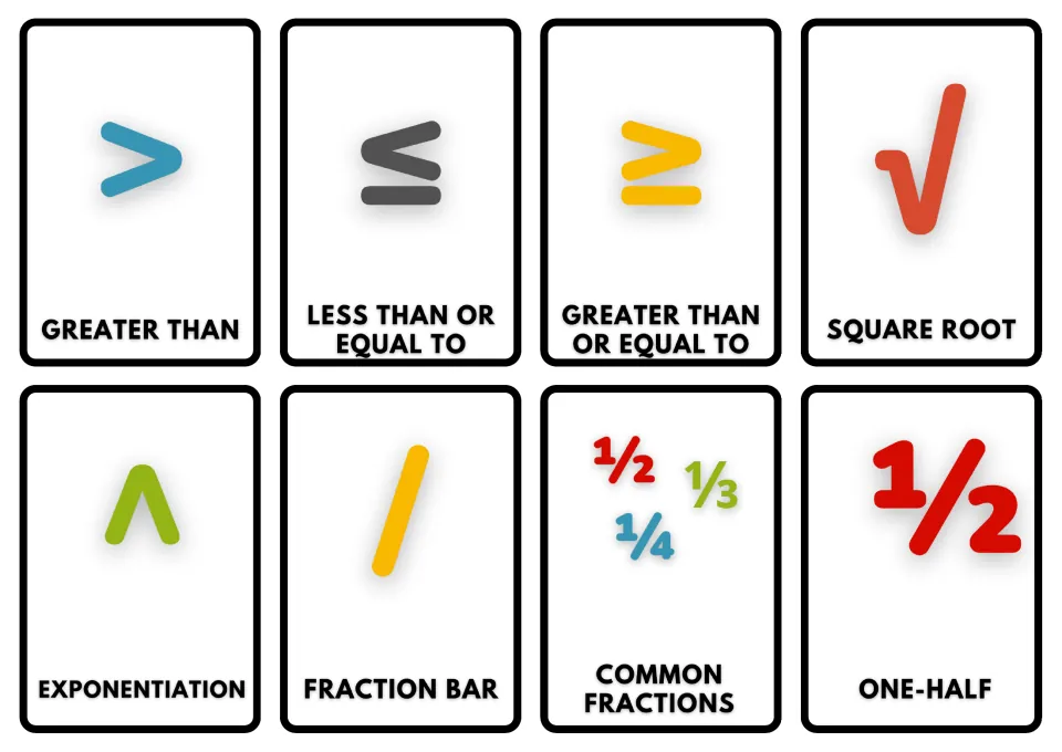 Comparison and root symbol cards: greater than, ≥, ≤, square root, exponentiation caret, fraction bar, one-half