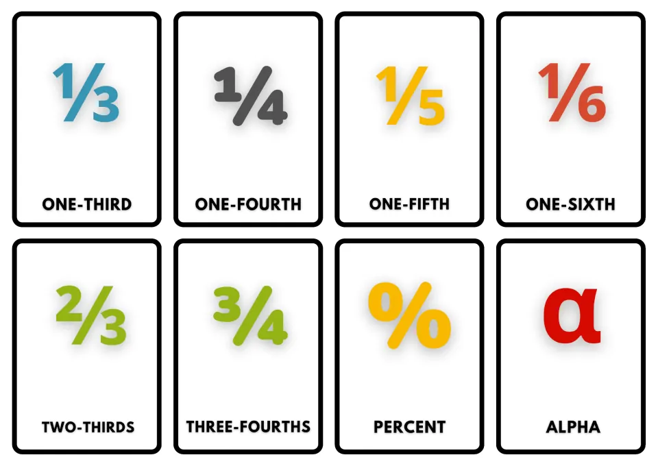 Fraction symbol cards for one-third through one-sixth, two-thirds and three-fourths, plus percent sign and Greek alpha
