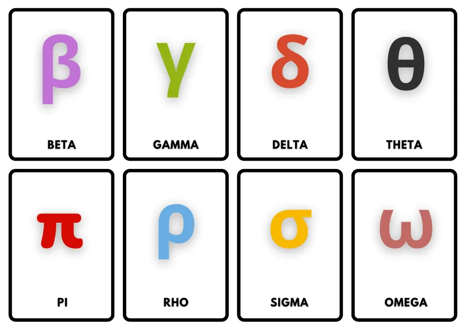 Greek letter cards: beta, gamma, delta, theta, pi, rho, sigma and omega, each lowercase symbol shown above its English name