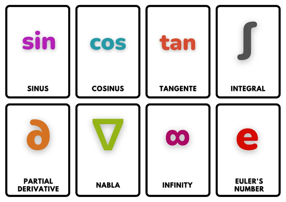 Trigonometry and calculus symbol cards: sin, cos, tan, integral, partial derivative, nabla, infinity and Euler's number e