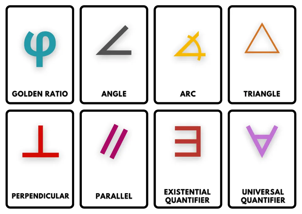 Geometry and quantifier symbol cards: golden ratio phi, angle, arc, triangle, perpendicular, parallel, there exists, for all