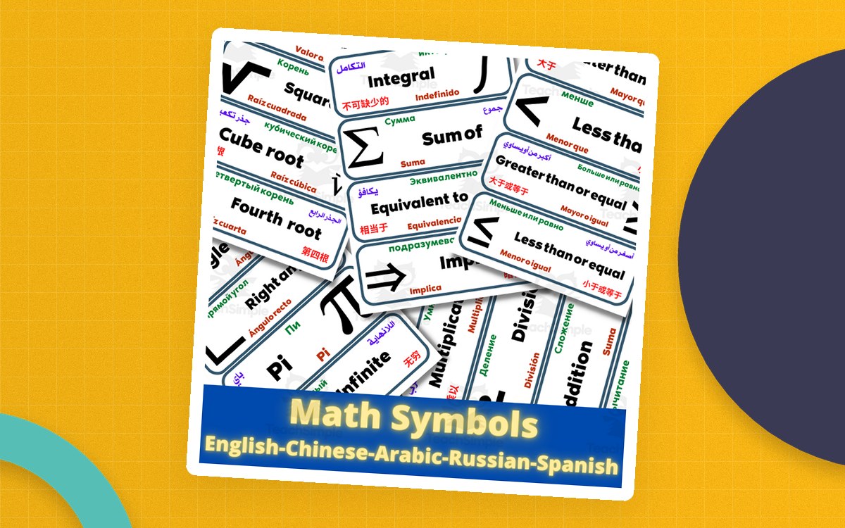 Collage of multilingual math-symbol cards for square root, integral, inequalities, pi, implication, and other notation.