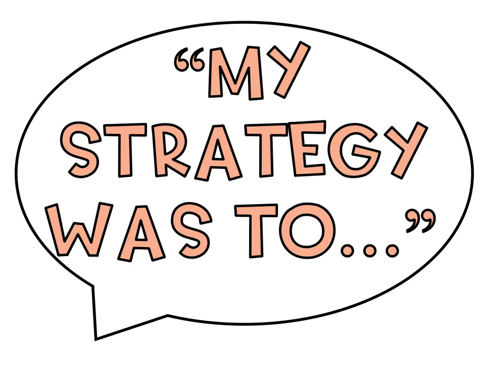 Math talk sentence starter in a peach speech bubble: "My strategy was to..." for students explaining their solution method