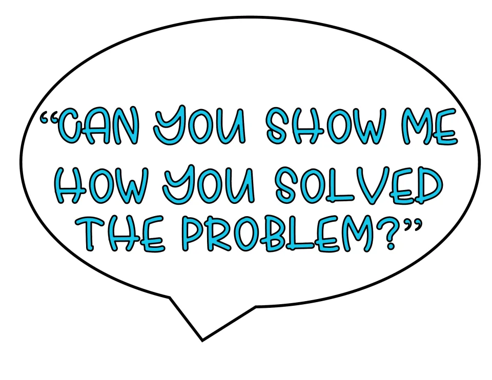 Math talk question in a blue speech bubble: "Can you show me how you solved the problem?" asking students to show their work