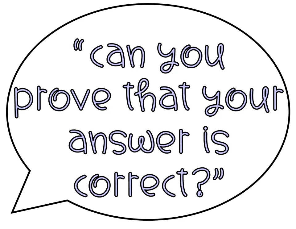 Math talk question in a lavender speech bubble: "Can you prove that your answer is correct?" prompting students to justify