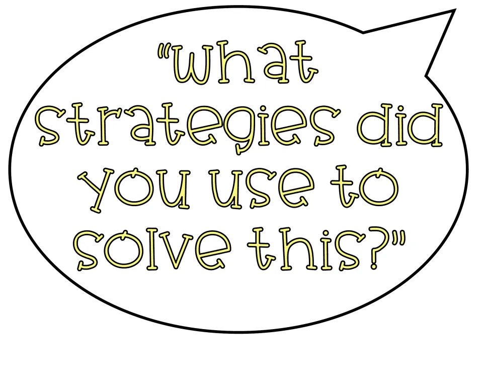 Math talk question in a yellow speech bubble: "What strategies did you use to solve this?" for students describing strategies