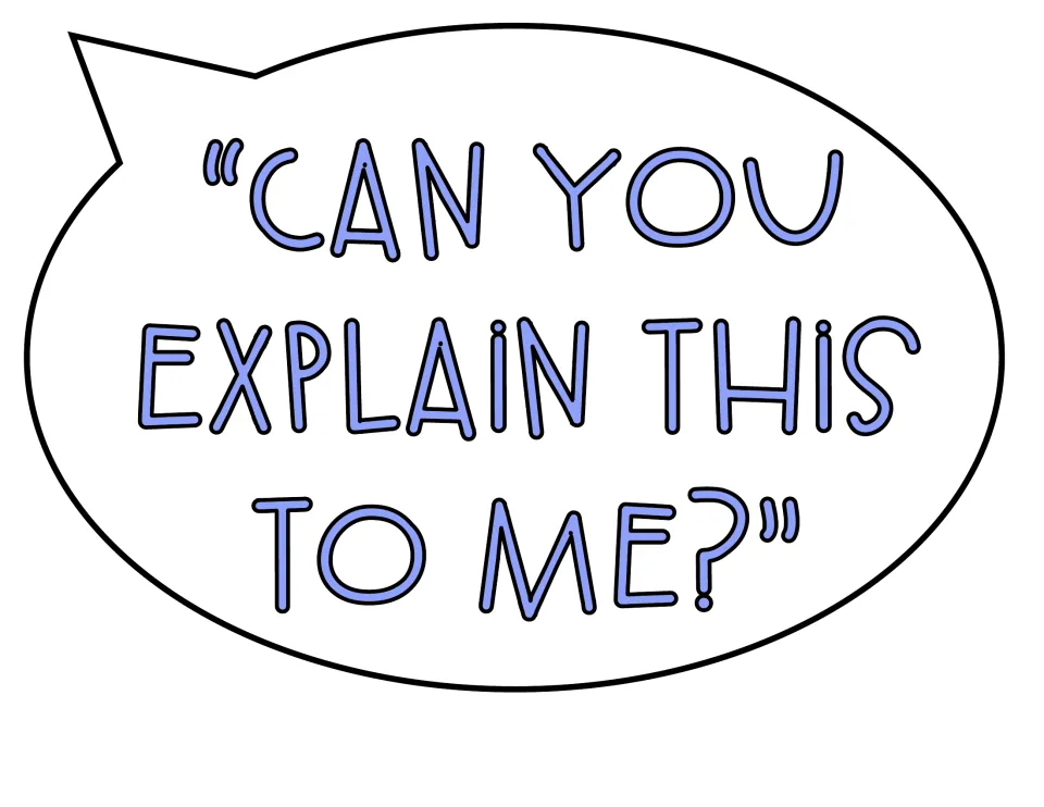 Math talk question in a blue speech bubble, tail at top left: "Can you explain this to me?" for explaining aloud