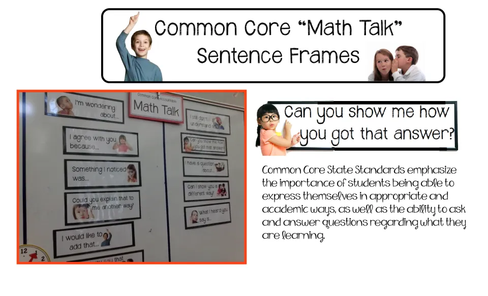 Common Core Math Talk cover: classroom photo of sentence frame strips on a whiteboard and a note on academic discussion