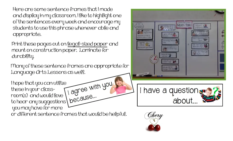 Teacher notes: print sentence frames on legal paper, mount and laminate, with a photo of the frames posted on a whiteboard