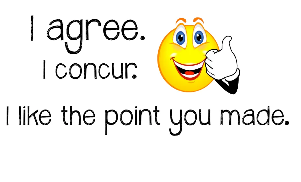 Agreeing sentence frames: "I agree.", "I concur." and "I like the point you made." with a thumbs-up smiley