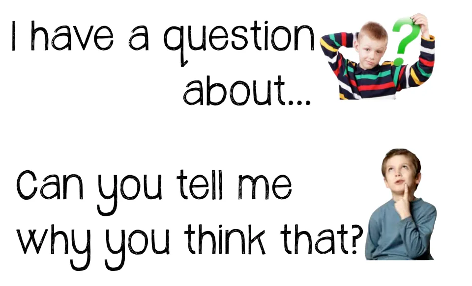 Asking questions: frames "I have a question about..." and "Can you tell me why you think that?" with thinking children