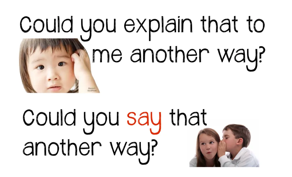 Asking for clarity: frames "Could you explain that to me another way?" and "Could you say that another way?"