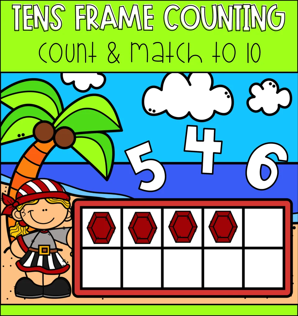 Cover of the digital counting resource: 'Count & match to 10,' with four gems and number choices 5, 4, 6.