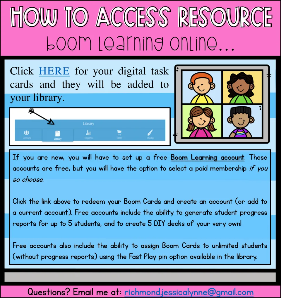 Access instructions for the counting cards, with a redemption link and Boom Learning account setup details.