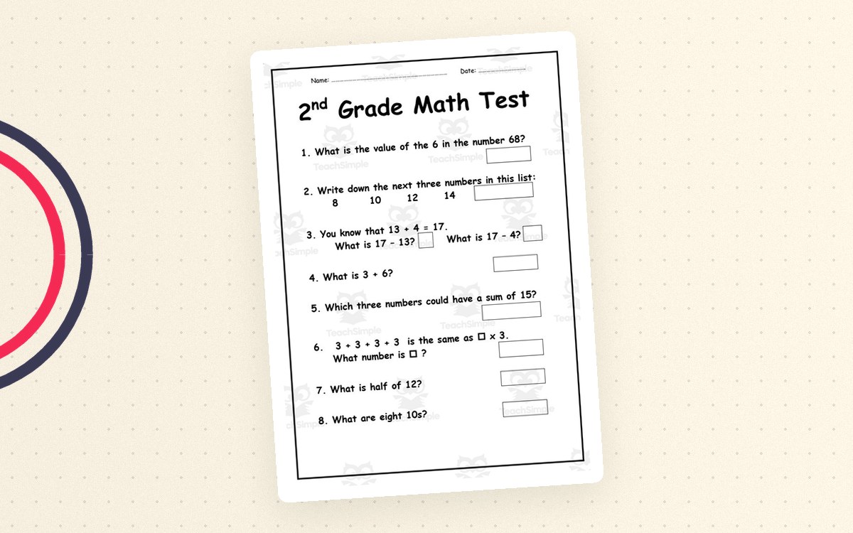Math Test: Grade 2 preview: Four-page math test with 24 questions