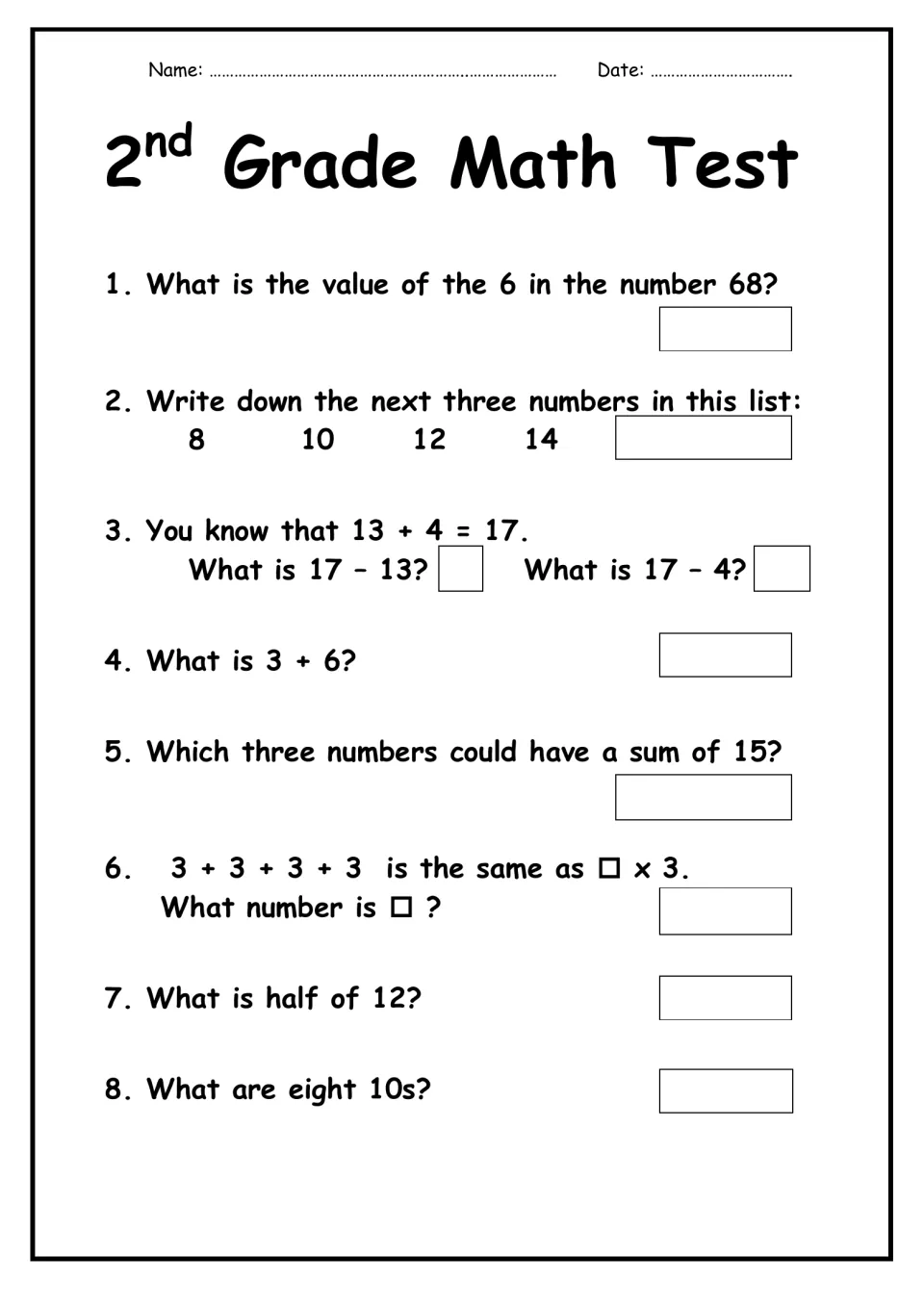 2nd Grade Math Test, questions 1-8: place value of 6 in 68, skip counting by 2s, fact families, halving 12 and eight 10s