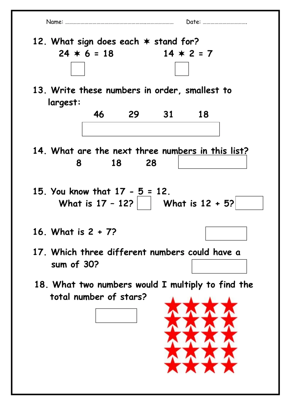 Questions 12-18: find the missing operation sign, order 46, 29, 31, 18, count on by 10s and multiply an array of stars