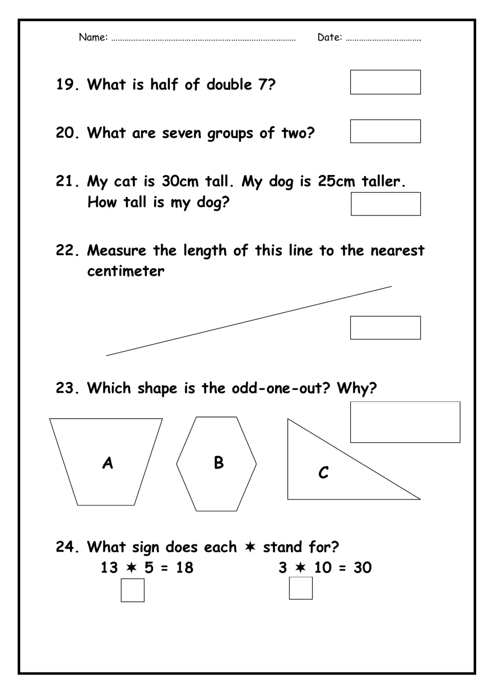 Questions 19-24: half of double 7, groups of two, a height word problem, measuring a line in cm and an odd-one-out shape