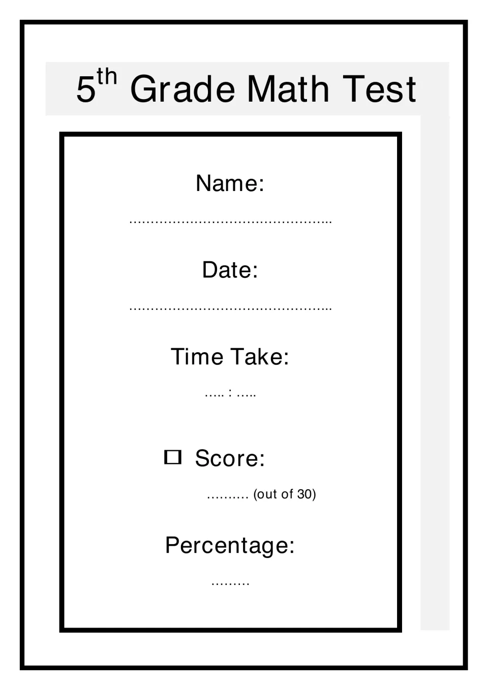 5th Grade Math Test cover: student fills in name, date, time taken, score out of 30 and percentage before starting