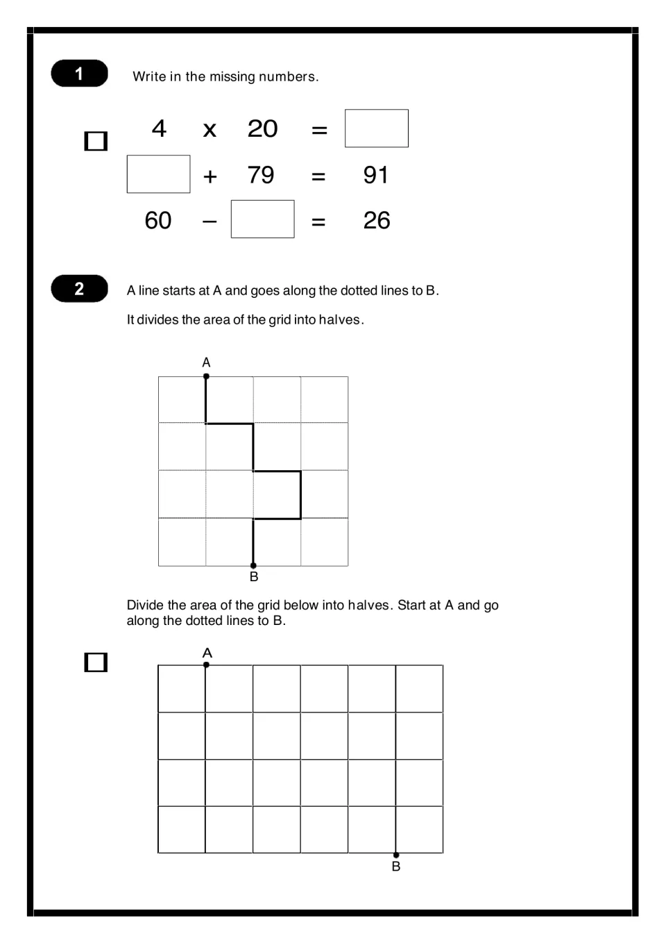 Missing numbers and halving area: students complete 4 x 20, _ + 79 = 91 and 60 - _ = 26, then halve a grid from A to B