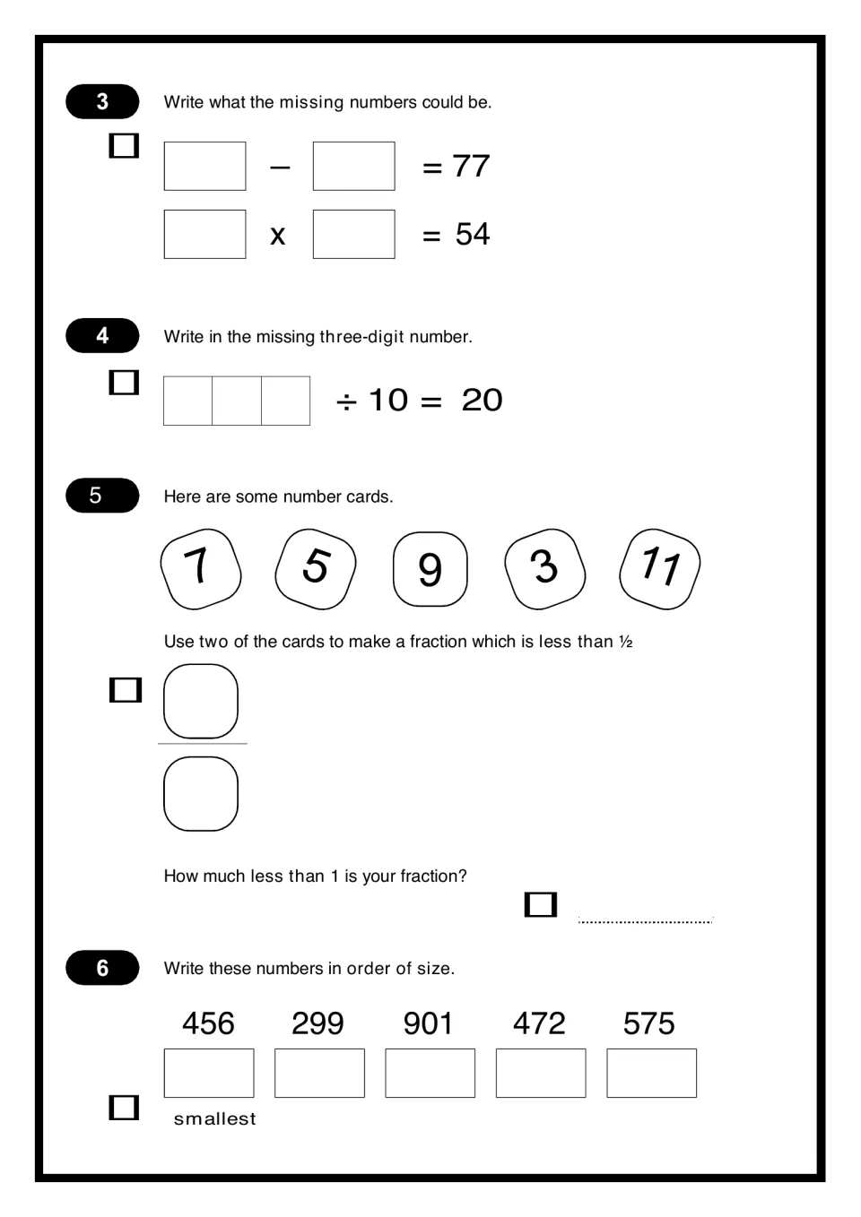 Missing numbers and fractions: students solve _ - _ = 77, a number divided by 10 = 20, build a fraction under 1/2
