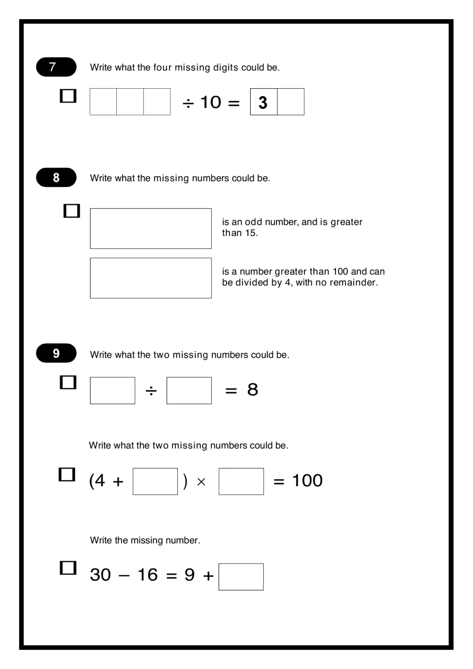 Missing digits and number properties: students find an odd number over 15, a multiple of 4 over 100 and missing factors