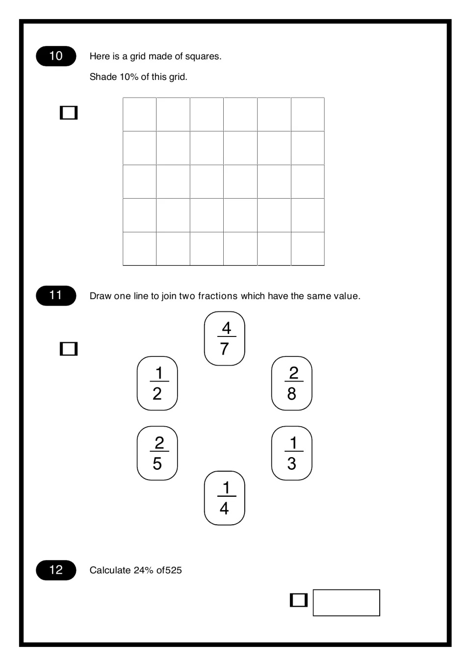 Percentages and equivalent fractions: students shade 10% of a 30-square grid, join equal fractions, find 24% of 525