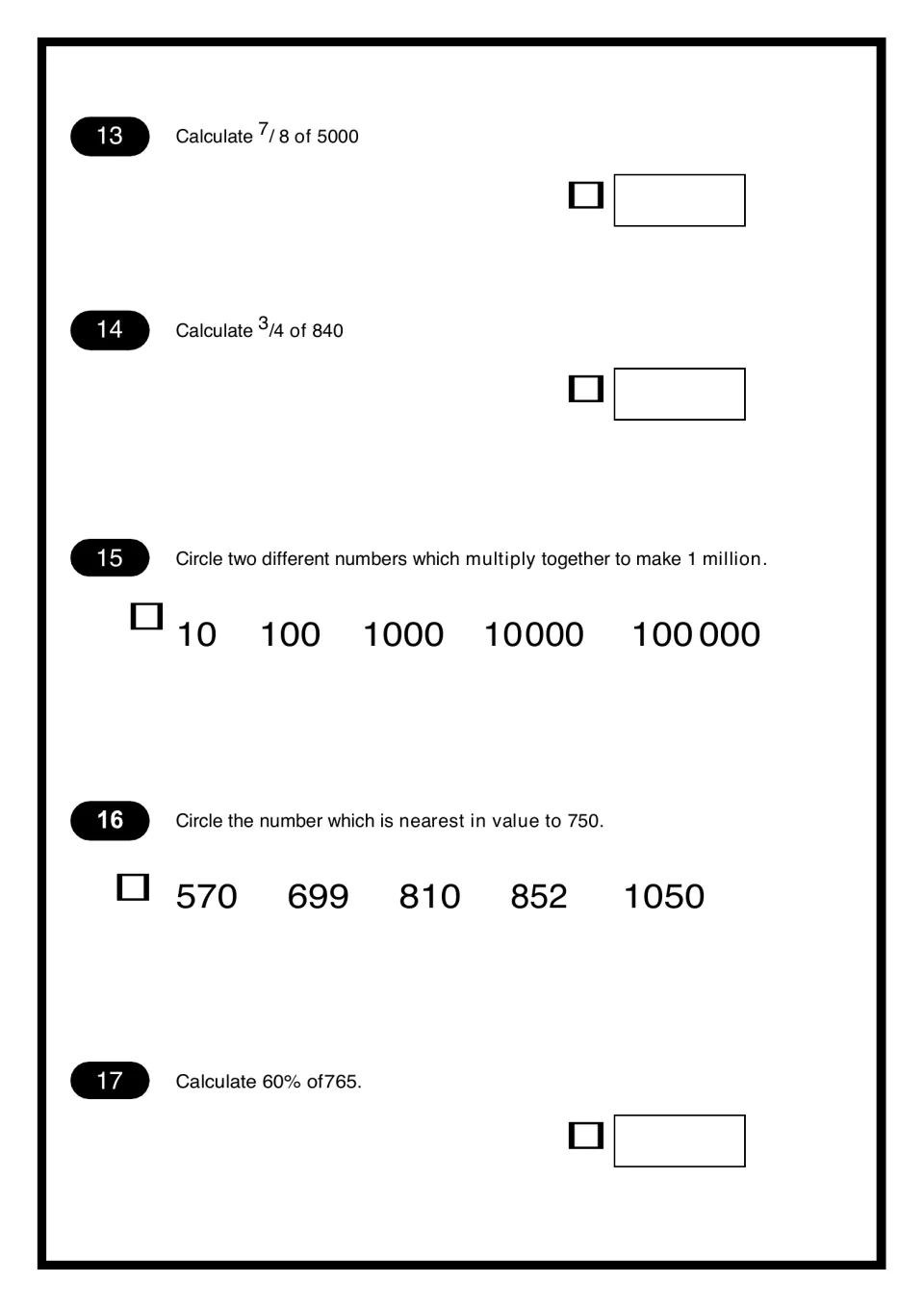 Fractions of amounts: students find 7/8 of 5000 and 3/4 of 840, pick factors of 1 million and find 60% of 765