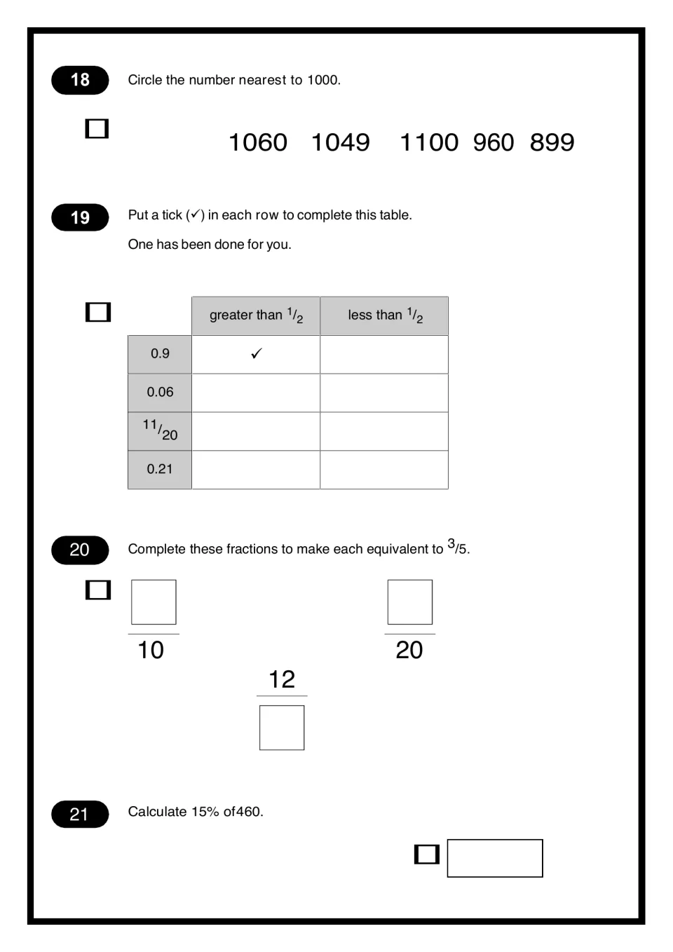Comparing decimals and fractions: students circle the number nearest 1000, tick if values are over or under 1/2