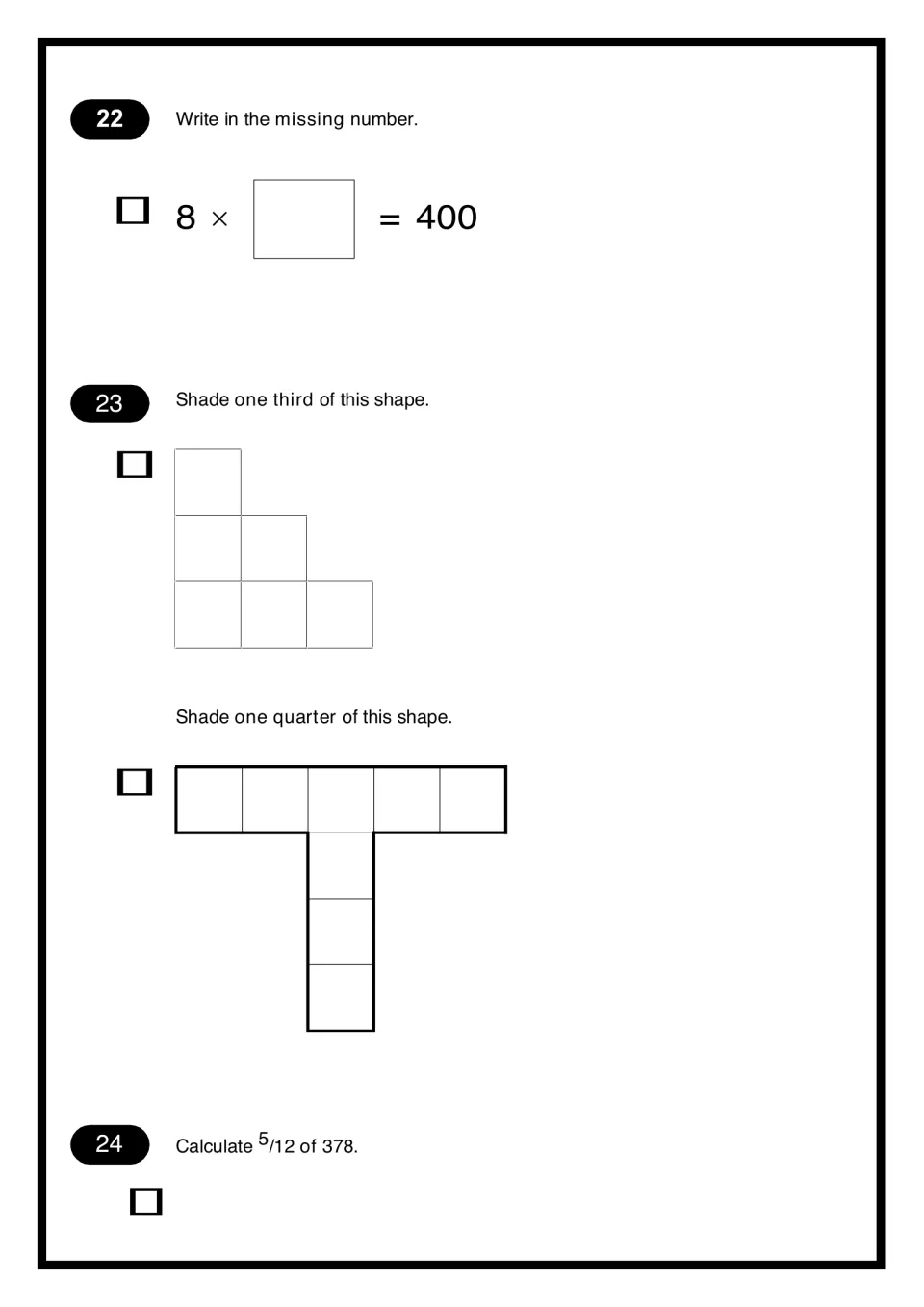 Fractions of shapes: students shade one third of a step shape and one quarter of a T shape, then find 5/12 of 378