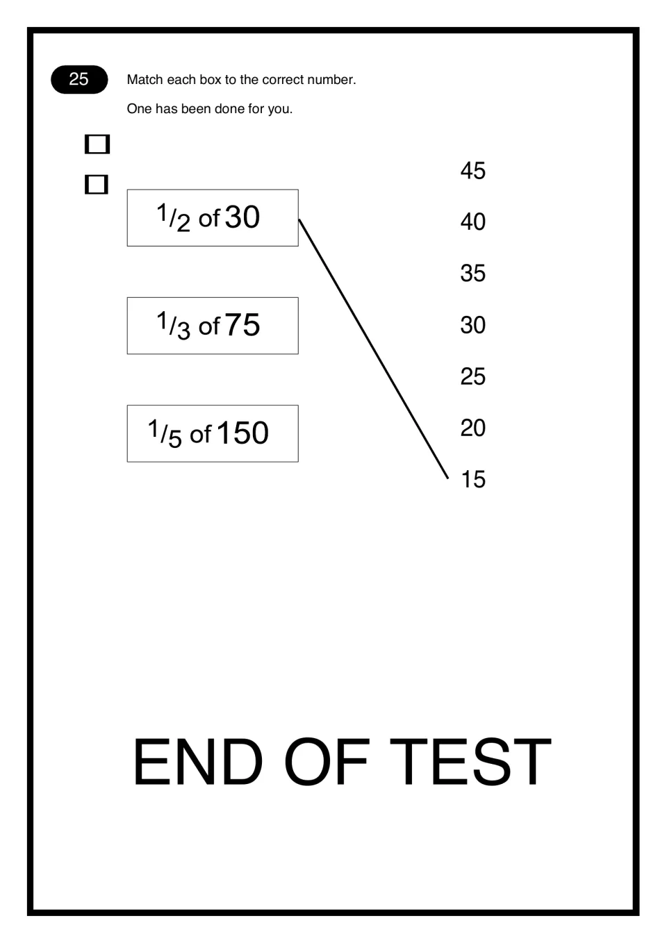 Unit fractions of amounts: students match 1/3 of 75 and 1/5 of 150, with 1/2 of 30 joined to 15 as the example