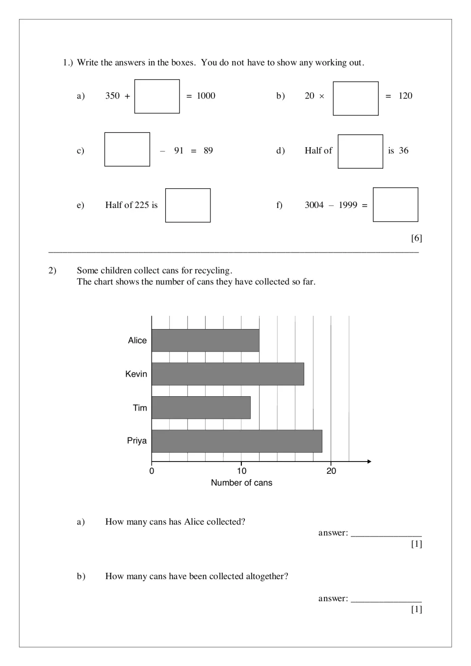 Mental math and bar chart: students fill in missing numbers, then read a chart of cans collected by four children