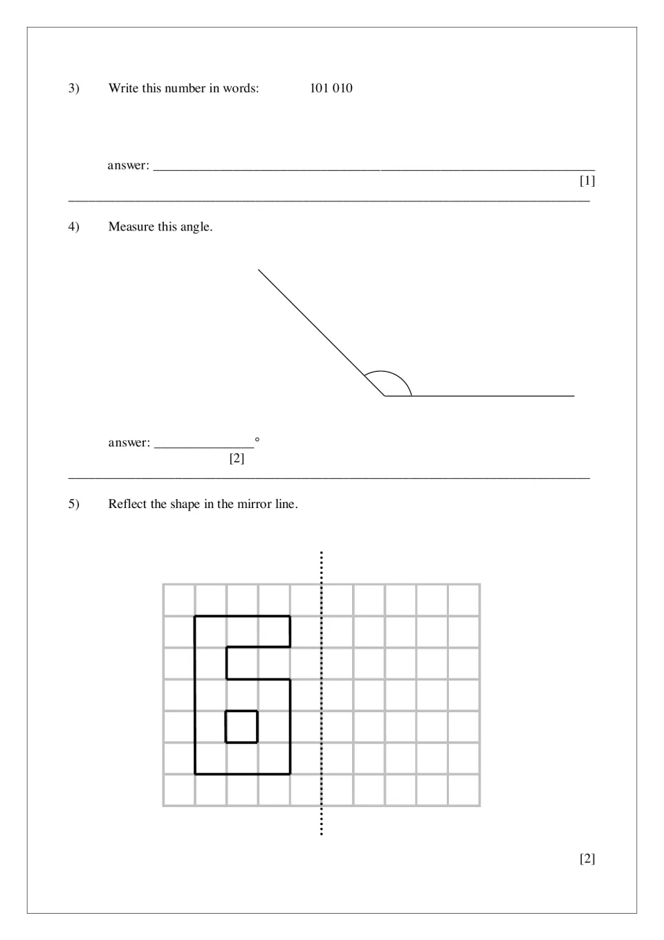 Place value and geometry: students write 101 010 in words, measure an obtuse angle and reflect a shape in a mirror line