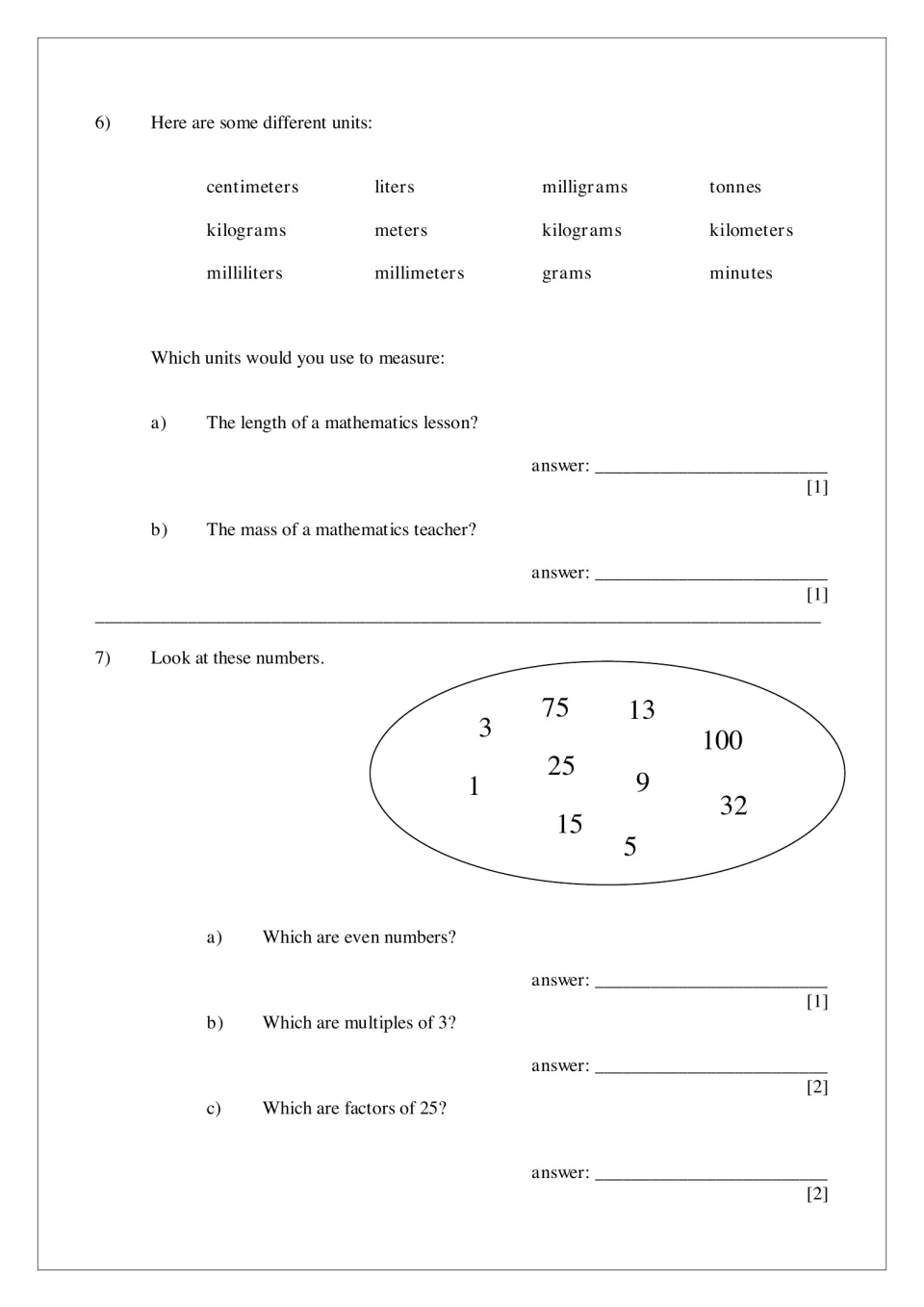 Units and number properties: students choose units for time and mass, then find even numbers, multiples of 3, factors of 25