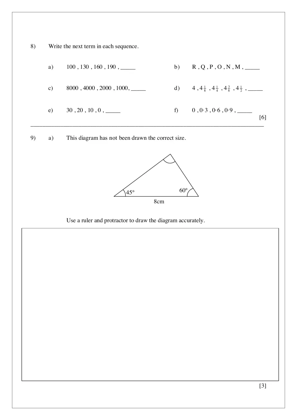 Sequences and triangle drawing: students write the next term in 6 patterns, then draw a 45°, 60°, 8 cm triangle