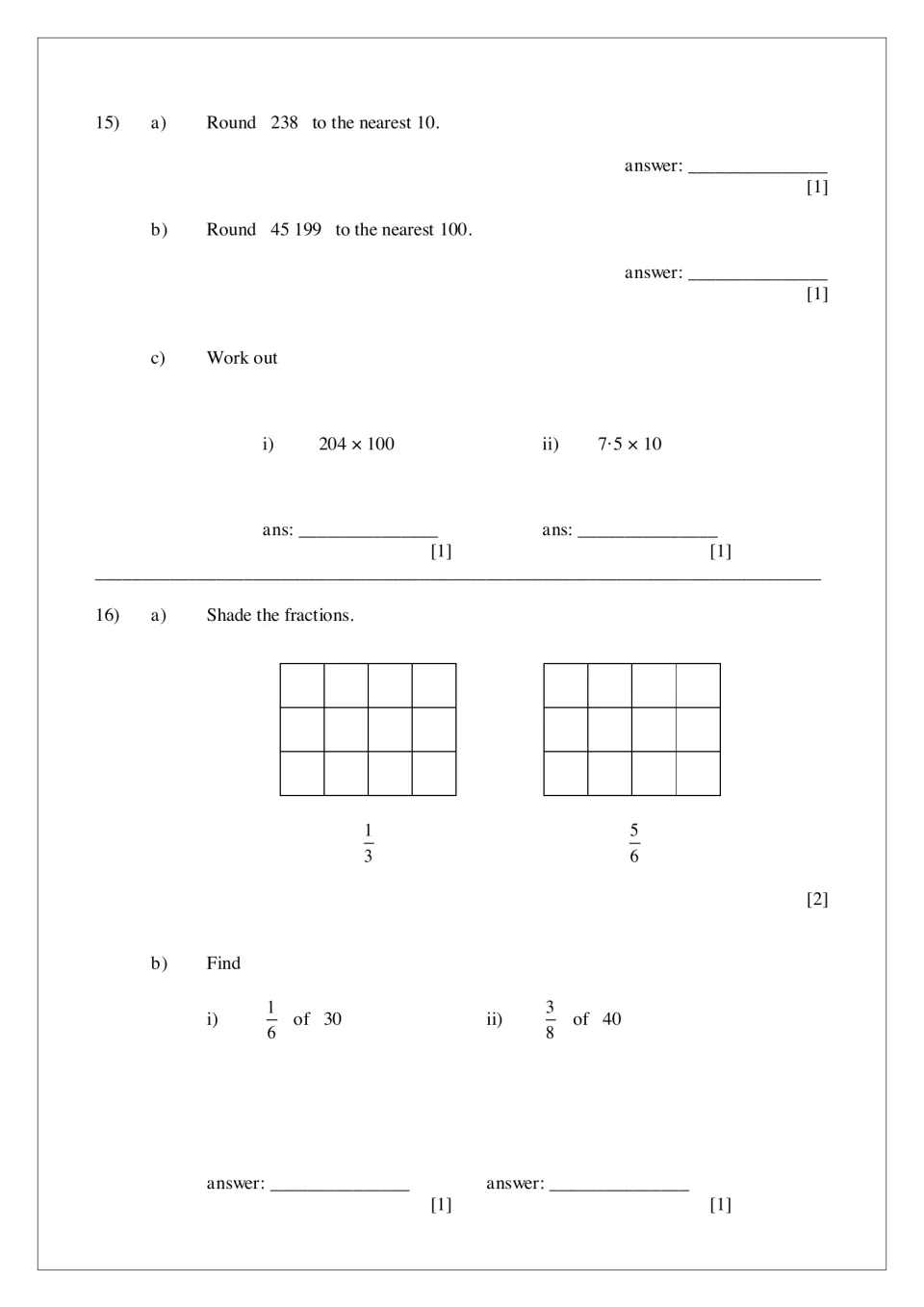 Rounding and fractions: students round 238 and 45 199, multiply by 10 and 100, shade 1/3 and 5/6 and find 1/6 of 30