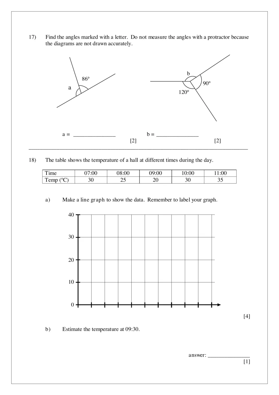 Angles and line graphs: students find missing angles on a line and at a point, then graph temperatures from a table