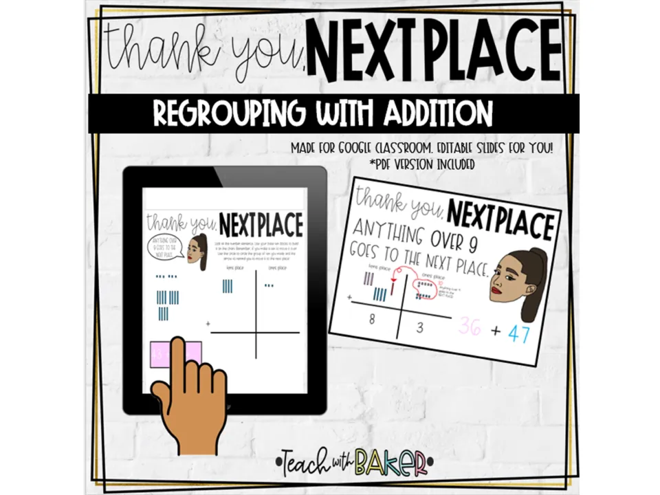 Thank You, Next Place cover: regrouping with addition slides for Google Classroom, shown on a tablet, plus a PDF version