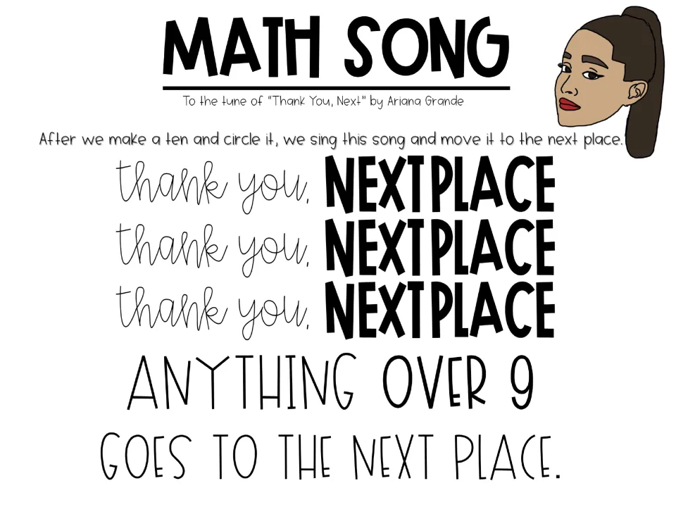 Math song to the tune of a pop song: students sing 'anything over 9 goes to the next place' after circling a ten to regroup