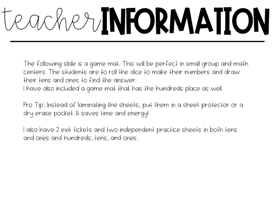 Teacher information: how to use the dice game mat in small groups and centers, a sheet-protector tip, and practice pages