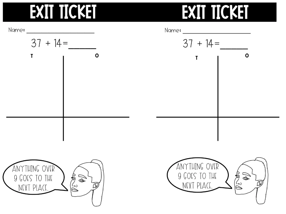 Exit ticket, two per page: students add 37 + 14 by drawing base-ten tens and ones and regrouping ten ones into a ten