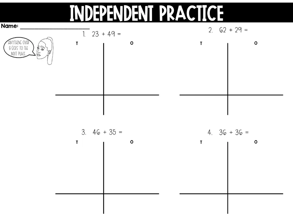 Independent practice set two: students solve 23 + 49, 62 + 29, 46 + 35 and 36 + 36 by drawing tens and ones and carrying